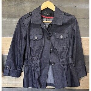 Larry Levine Women’s Small Dark Blue Denim Jacket Peplum Waist Stretch Blazer